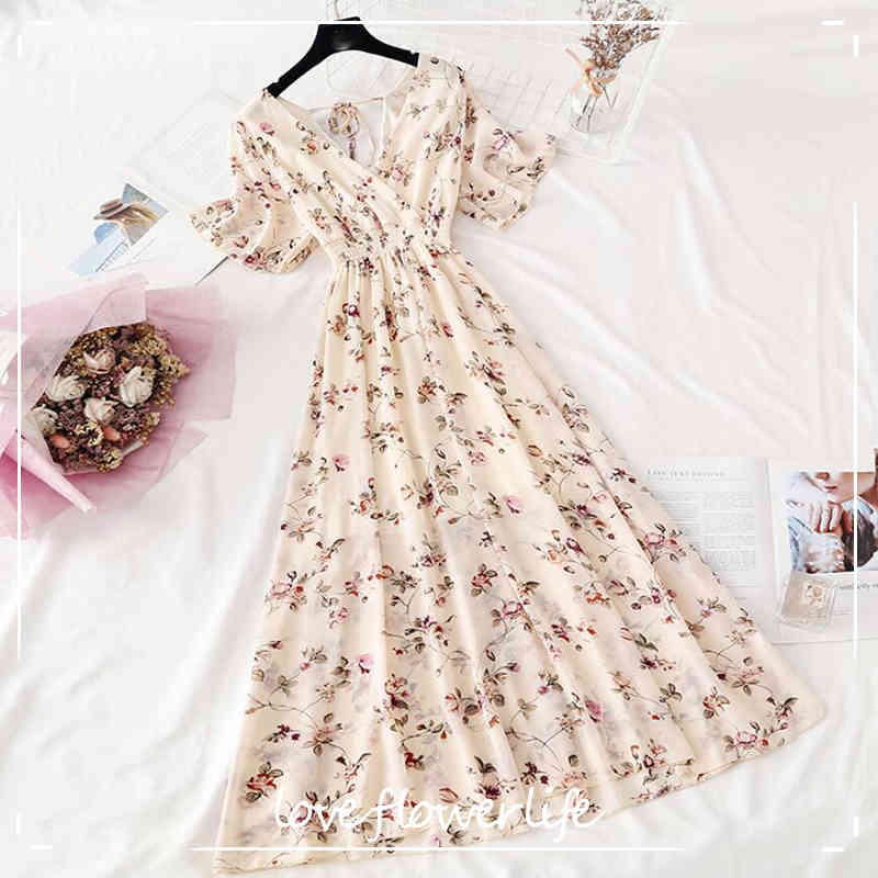 

Elegant Ruffles Chiffon Women Long Dress Floral Print Summer Sexy V-neck Backless Maxi Beach Dress Short Sleeve Vestidos 210521, Flowers 17