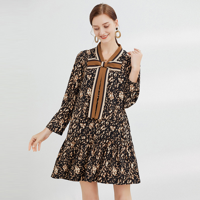 

18030# JRY New Spring Women European Fashion Style Dresses Bow Collar Long Sleeve Retro Printing Loose Casual Dress Size L-4XL For Ladies, Flower