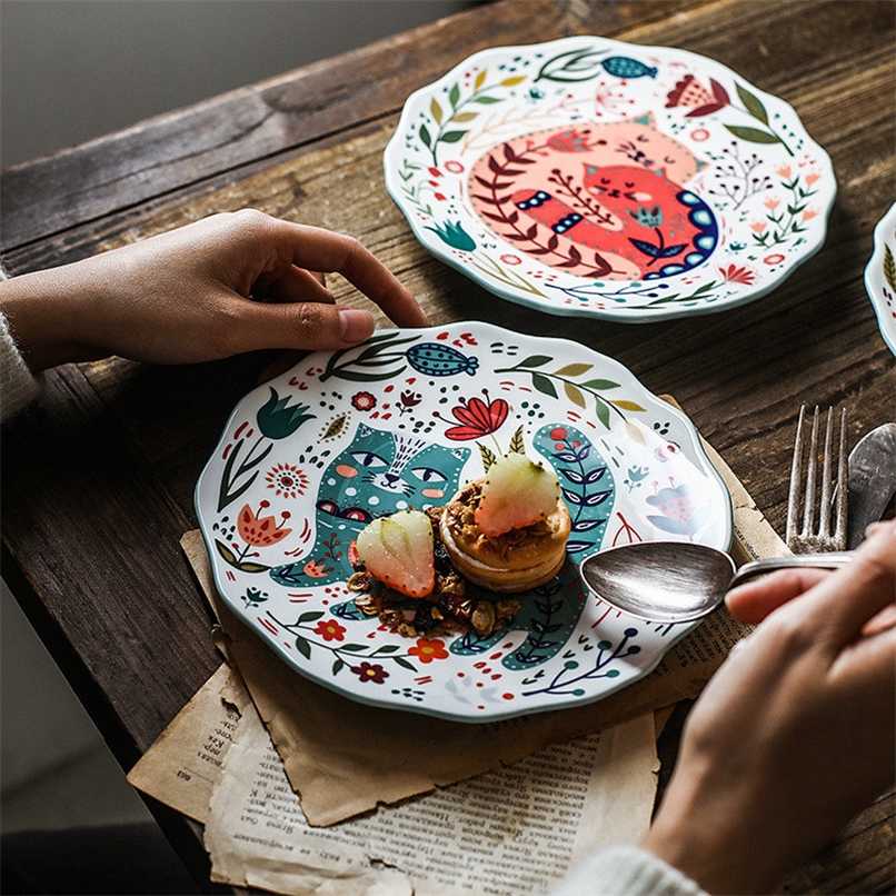

Cartoon Cat Dinner Plate Sets Hand Painted Retro Under-glazed Dessert Dishes Steak Ceramic Plates Halloween Gifts 8 inch Dish 211027