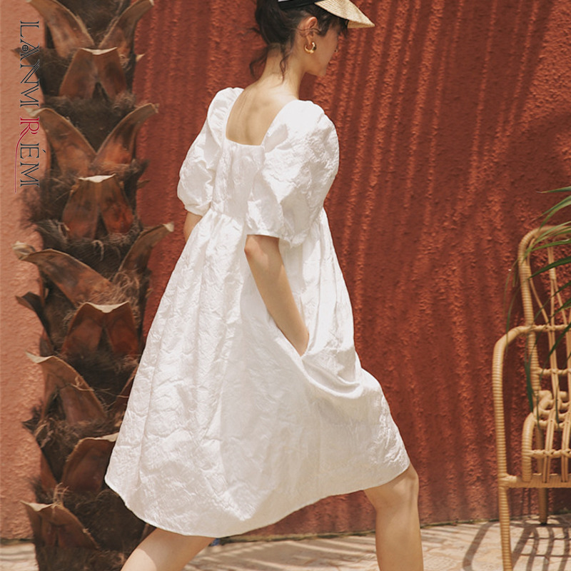 

LANMREM 2021 new summer and autumn fashion women clothes Hubble-bubble Sleeve sqaure collar lantern sleeves pullover dress WH512, White
