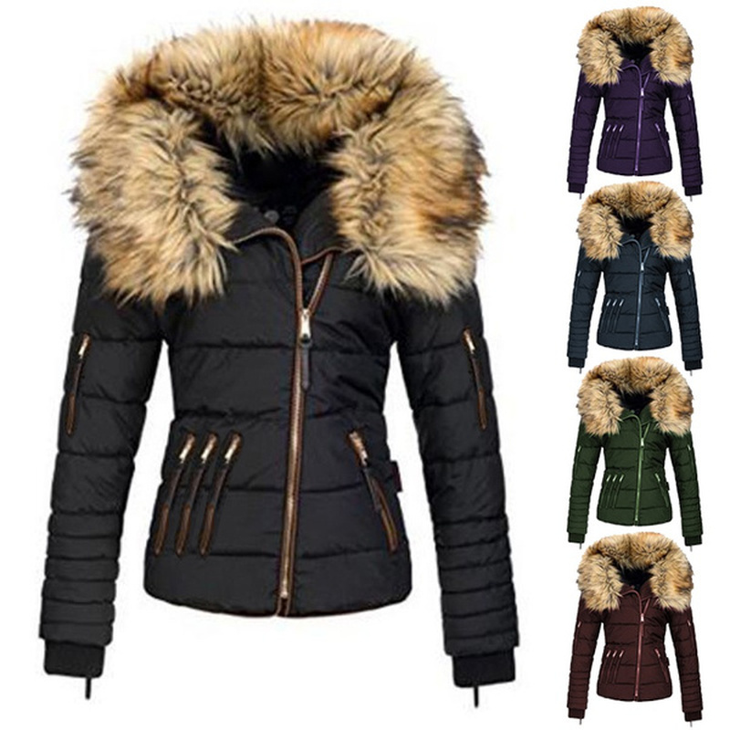 

Faux Fur Jacket Women Big Fur Collar Hooded Solid Slim Short Outwear Warm Down Zipper Casual Long Sleeve Female Parkas Coats, Black