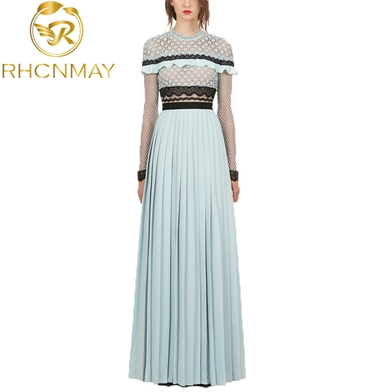 

Spring High Quality Pleated Split Long Dress Designer Runway Women Sleeve Maxi es Self-portrait 210520, Sky blue