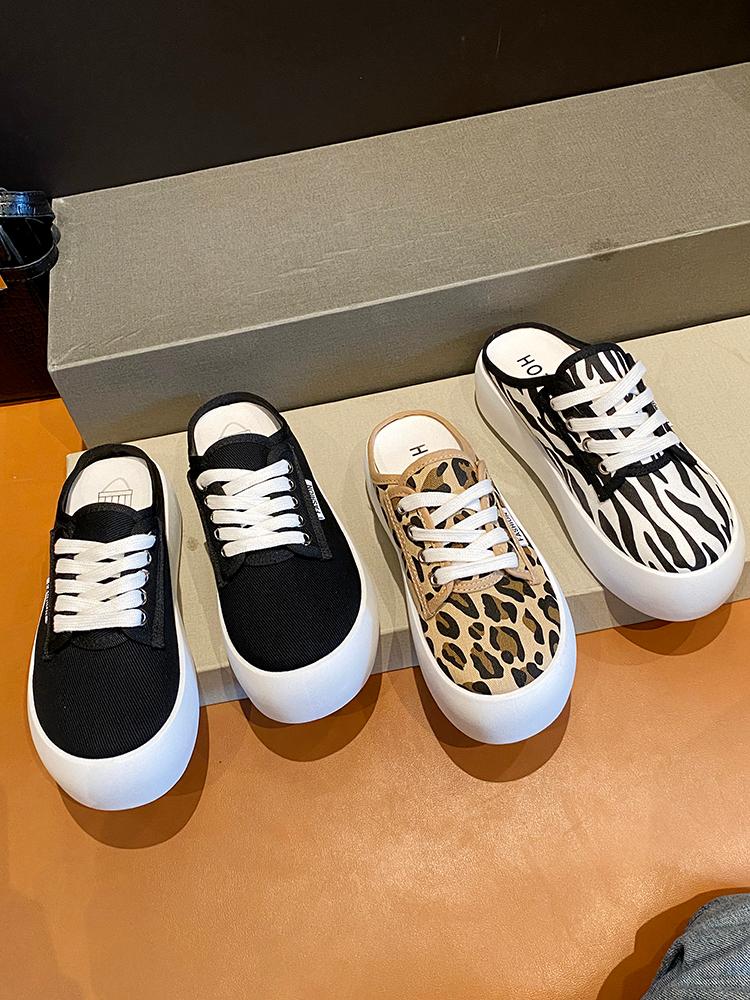

Slippers Med Flat Shoes Female Cover Toe Ladies' Slipers Women Loafers Leopard 2021 Summer Cotton Fabric Cross-tied Slides PU Le, Black
