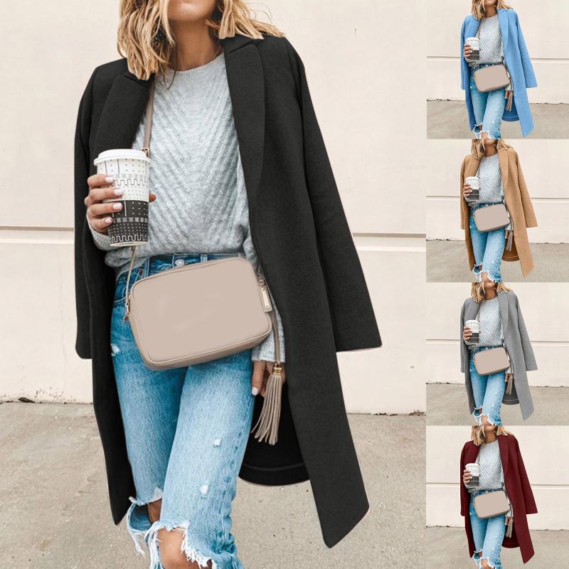 

Women's Trench Coats Faux Wool Thin Coat Solid Color Lapel Jacket Ladies Long Sleeve Keep Warm Slim Outwear, Tan;black