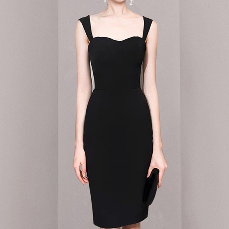 

ZAWFL Women Sleeveless Dress Summer Solid Midi Square Neck High Waist A-Line Open Back Elegant Party Wear vestidos mujer 210525, Picture color