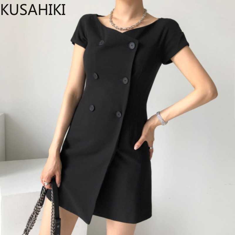 

KUSAHIKI Vintage Double Breasted Elegant Woman Dress Korean Short Sleeve V-neck Vestidos Femme Summer Dresses 6H489 210602, Black