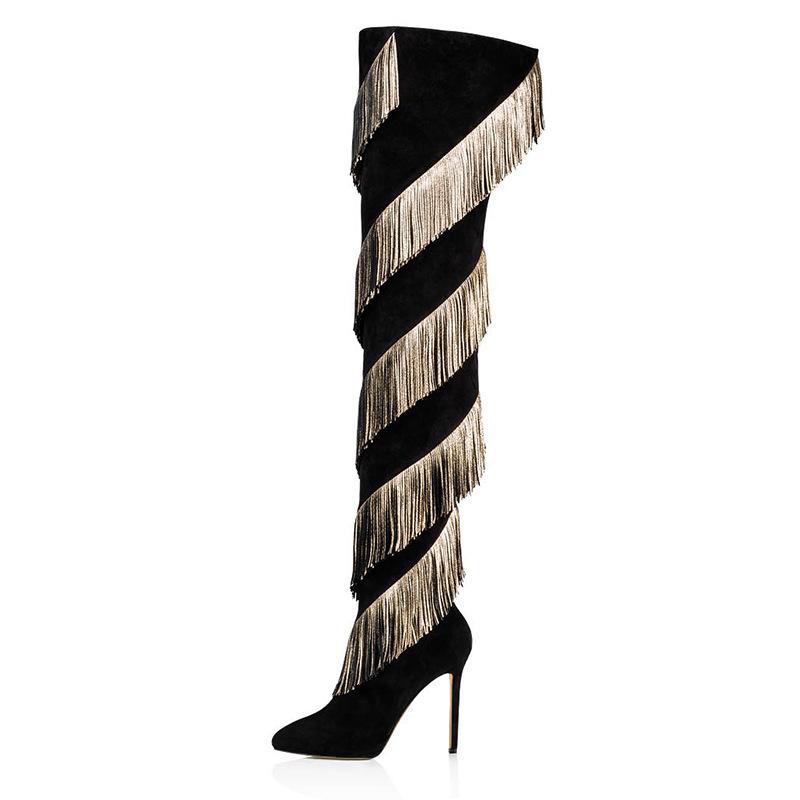 

Boots Women Spiral Golden Tassel Covered Thigh Thin Heels Over The Knee Pointed Toe Female Fringed Knight Plus Size 46, Black