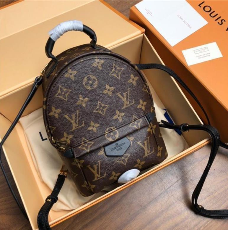 

M44873 PALM SPRINGS mini Cowhide Backpack with Dool men and women fashion rivet backpacks designer handbags purse student bag knapsack, Old flower mini 19cm