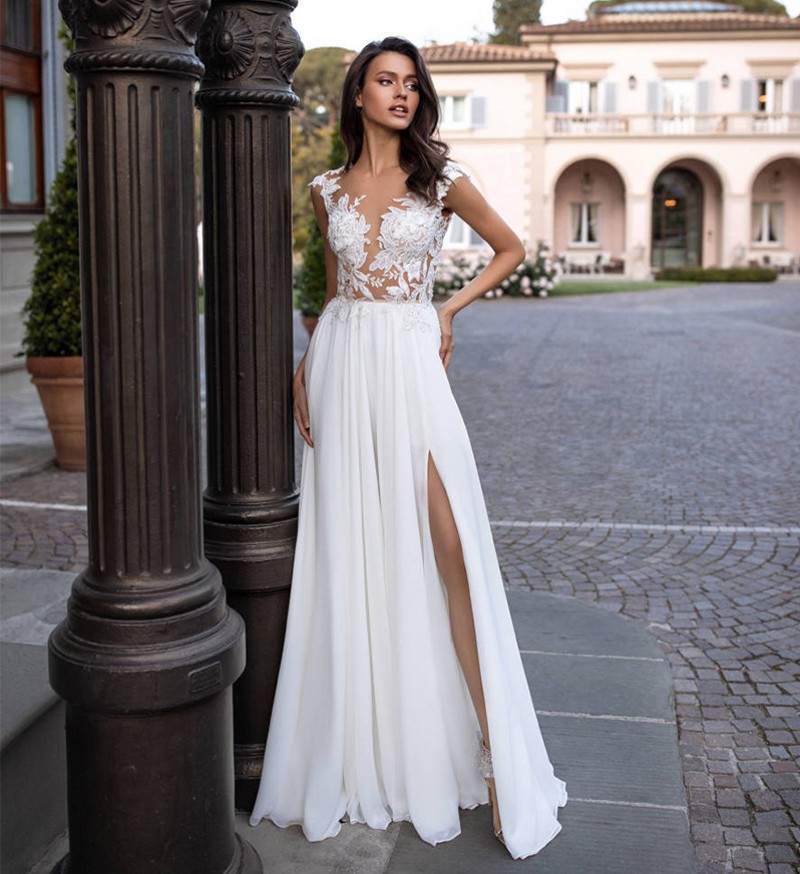 

Sexy Beach Boho Wedding Dress 2021 with High Slit Cap Sleeve See-through Applique Chiffon Bride Gowns Vestido De Noiva, White