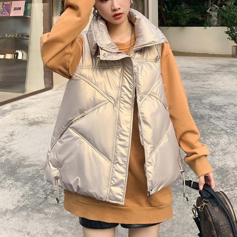 

Women's Vests Shinny Winter Vest Women Solid Turn Down Collar Zipper Quilted Ladies Sleeveless Jacket Loose Korean Style Waistcoat MT770, Black;white