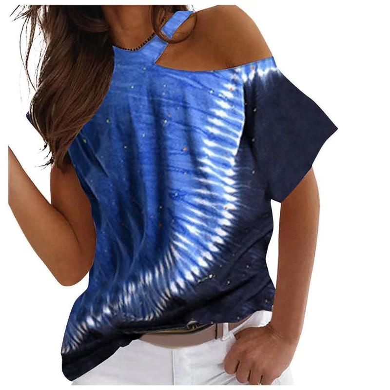 

Women' T-Shirt 2021 Summer Women Fashion Tie-dyed Print Loose Halter Off Shoulder Short Sleeve Tops T-Shirts Ladies Casual T Shirts Tees, Style 1