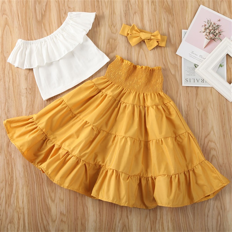 

Summer Baby Kids Girl Top Quality Outfits Off Shoulder Solid Color Ruffle Tank Top Long Flare Dress 3Pcs Set Fashion New Clothes 1521 Y2, Yellow