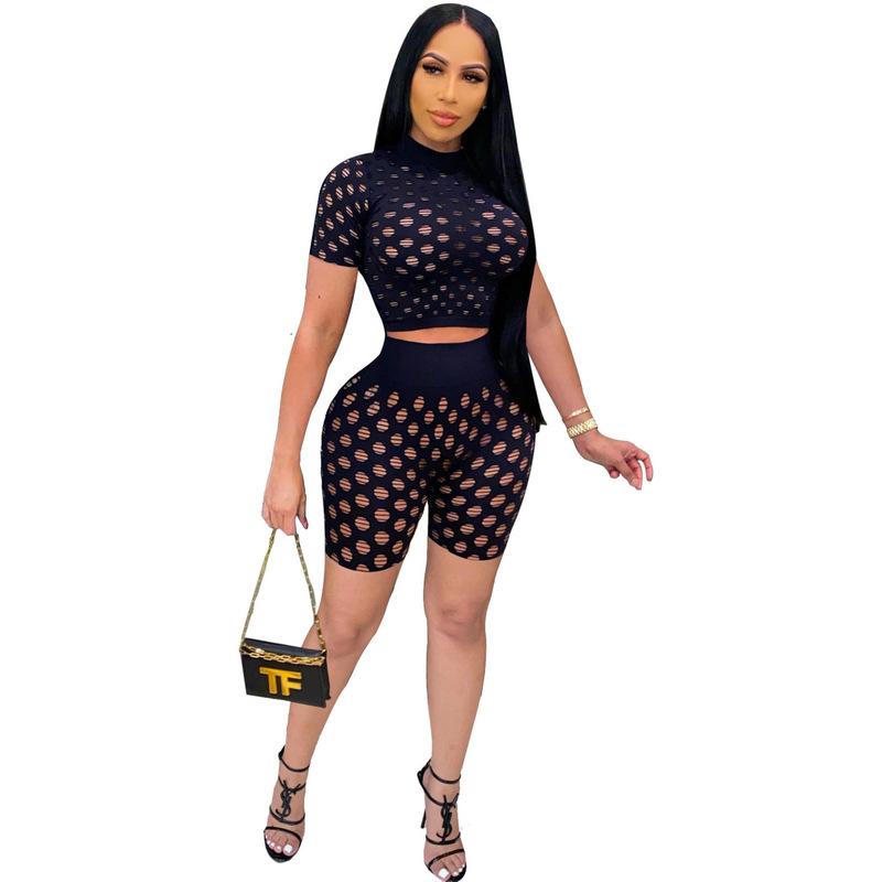 

Women' Tracksuits Sexy 2 Pc Short Set Womens Outfits Summer Night Club O Collar Sleeve Crop Top Pants Hole Mesh Piece Woman, Black