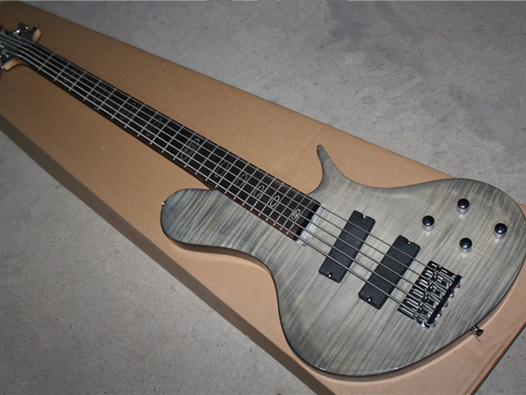 

Shaped 5-string split electric bass with tiger veneer transparent black body oval inlaid fingerboard