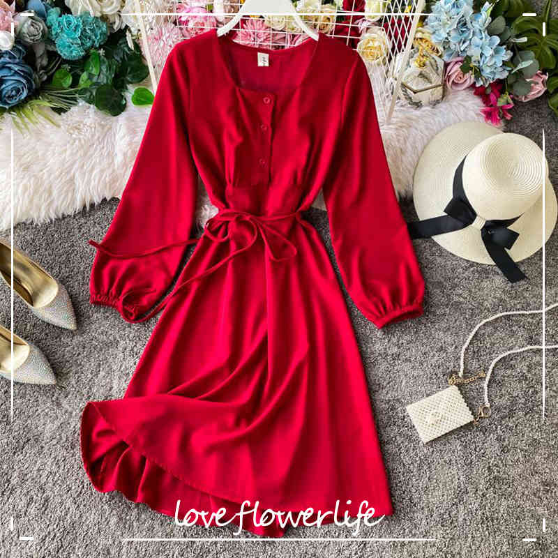 

Spring Korean Solid Color Dress Women Long Sleeve Slim Party Dress Square Collar Basic Dresses High Waist Elegant Vestidos 210521, Pink