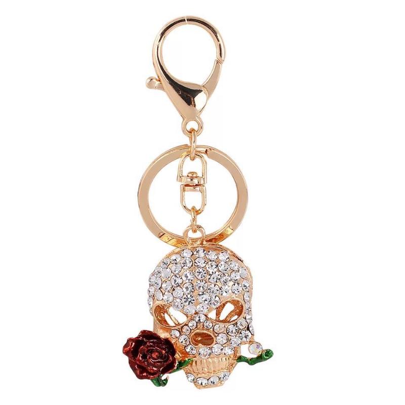 

Keychains Fashion Creative Personality Skull Keychain Crystal Rose Skeleton Car Key Chains Female Bag Pendant Girl Gift Ring