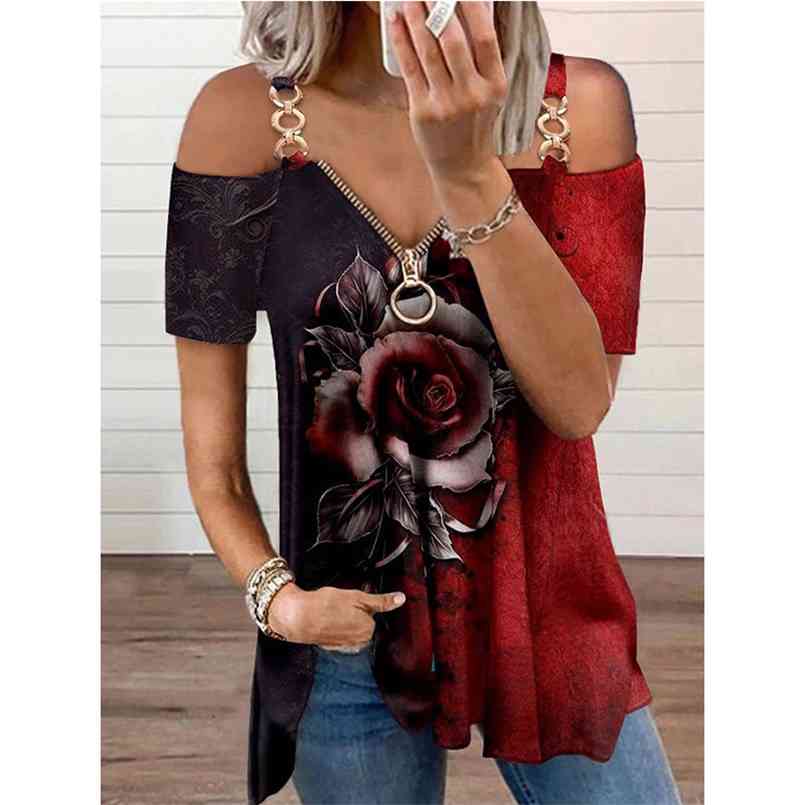 

women' strapless loose T-shirt top summer V-neck 3D rose stitching color short-sleeved plus size clothing 210708, Red