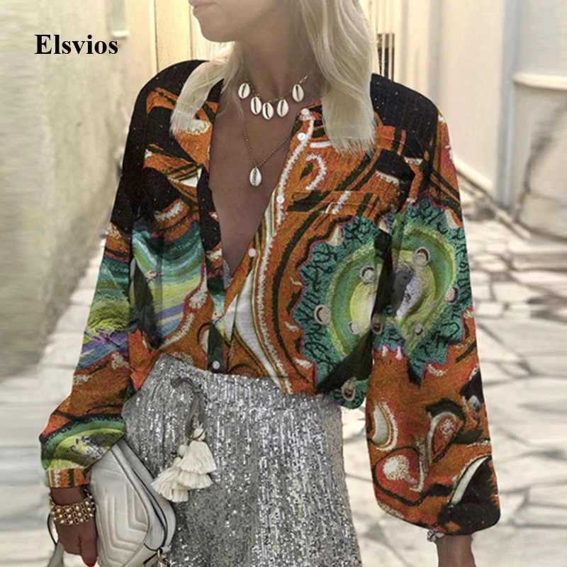 

Women's Jumpsuits & Rompers 2021 Sexy V-Neck Button Office Lady Blouse Tops Elegant Women Long Sleeve Boho Shirt Vintage Print Hol, Red