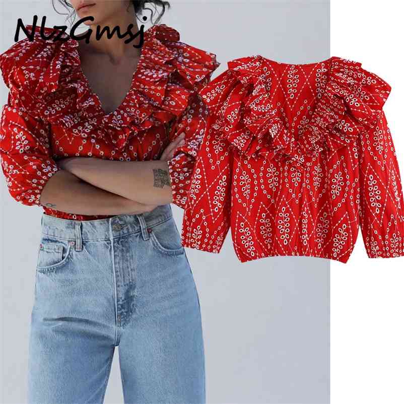 

women red embroidery ruffle crop shirts v-neck long sleeve female casual tops blouses 210628