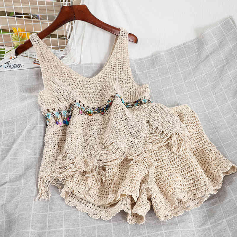 

Temperament product fashion suit ethnic style retro tassel short camisole wide-leg shorts swimsuit two-piece female 210525, Apricot