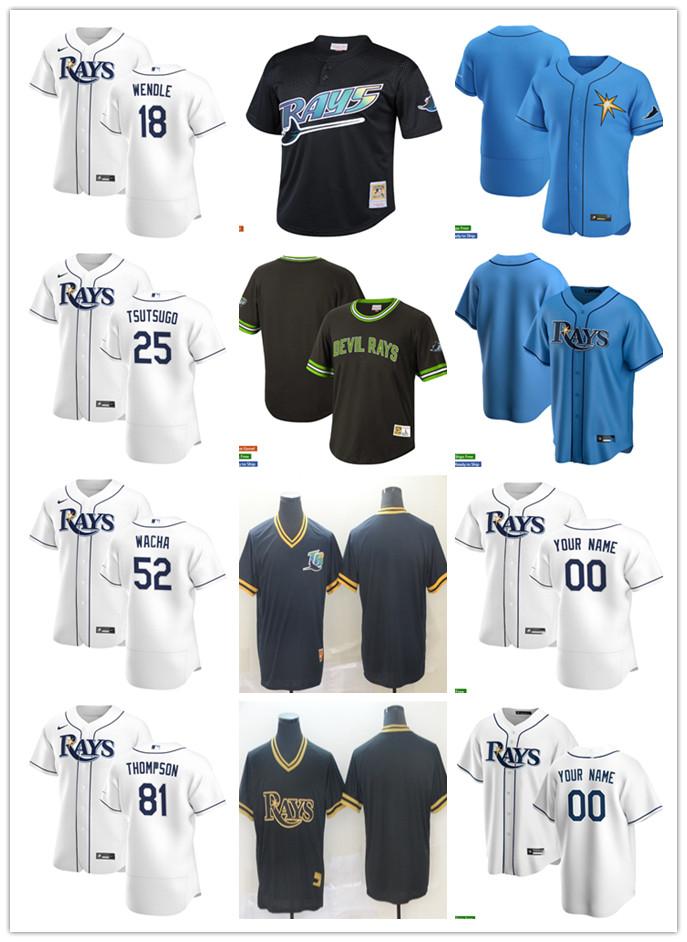 

Men Women Youth Tampa Bay Rays 81 Ryan Thompson 25 Yoshi Tsutsugo 52 Michael Wacha 18 Joey Wendle Custom Baseball Jersey, Blue;black