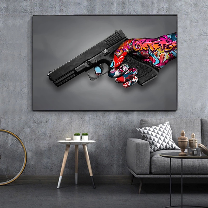 

graffiti street art abstract pistol canvas painting modern home decor pop poster interior indoor decoration mural no frame