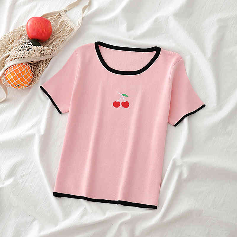 

Solid T-shirts Women Summer Knitted O-Neck Tees Short Sleeve Black Casual Slim Tops 210518, Green1