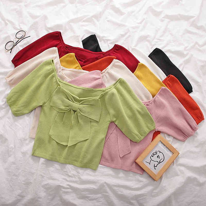 

T-shirts Summer Women Bow Crop Tees Cotton Ladies Skinny Solid Short Sleeve 210518, Pink