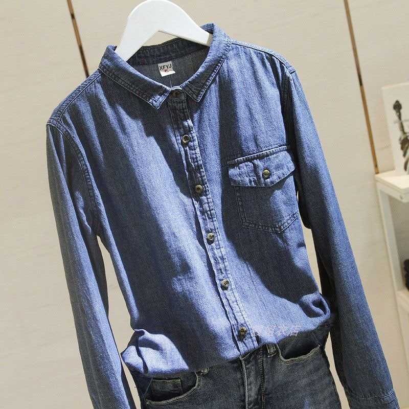 

Arrival Spring Autumn Women Long Sleeve Turn-down Collar Blue Denim Shirt All-matched Casual Single Pocket Blouses Tops V65 210608, Dark blue