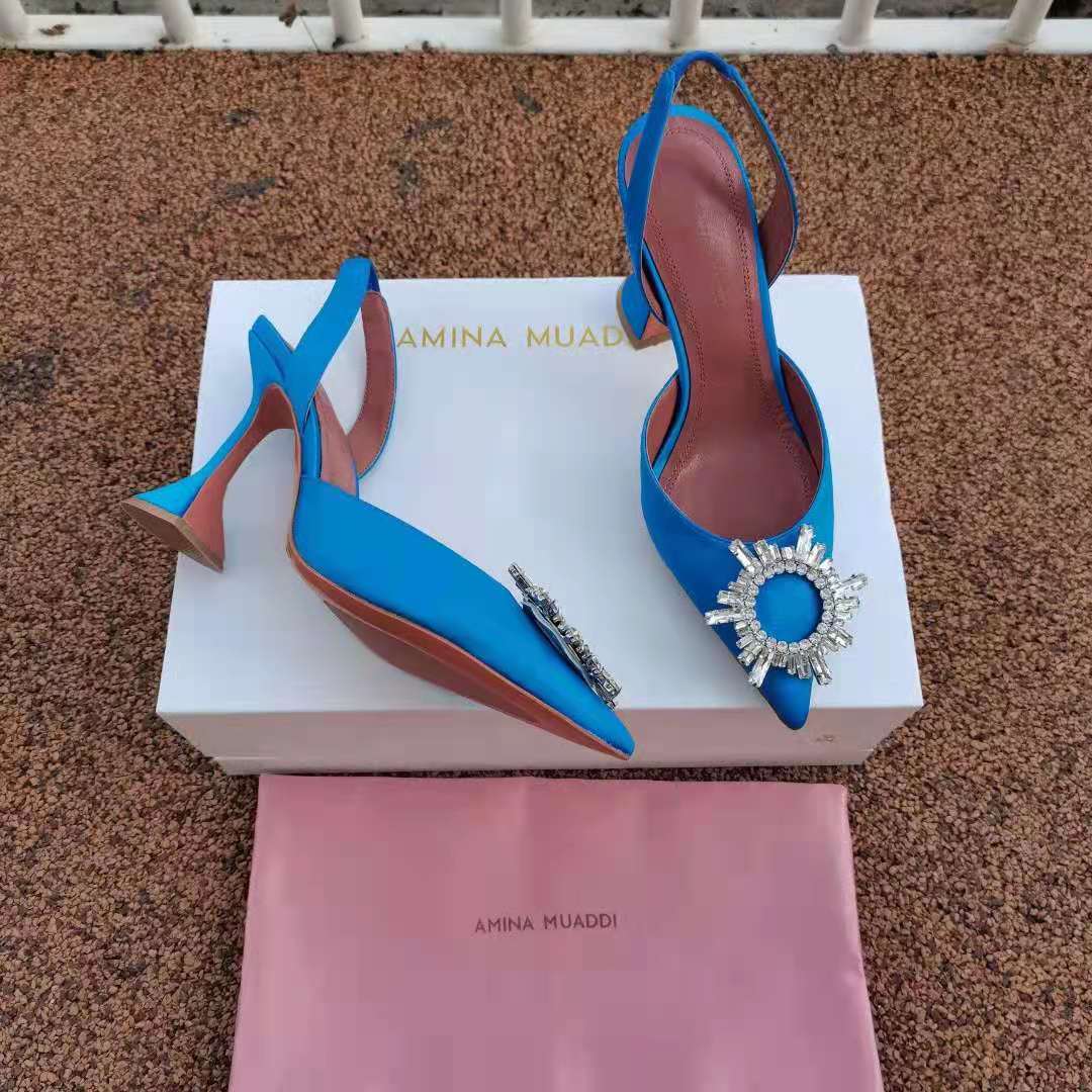 

Fashion Season Shoes Amina Muaddi Pumps 95 Begum Sling Blue Satin Crystal Slingback Sandal Heels Real Photos