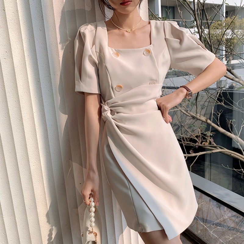 

Spring Elegant Women Puff Sleeve Office OL Irregular Dress Korean Double Breasted Square Collar Chic Party Dress Vestidos 210518, Photo color