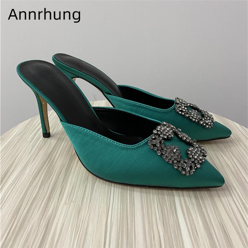 

Slippers Fashion Drill Satin Women Sexy Pointed Toe Kitten Heel Mules Rhinestone Square Buckle Outwear High Slides Woman, Black
