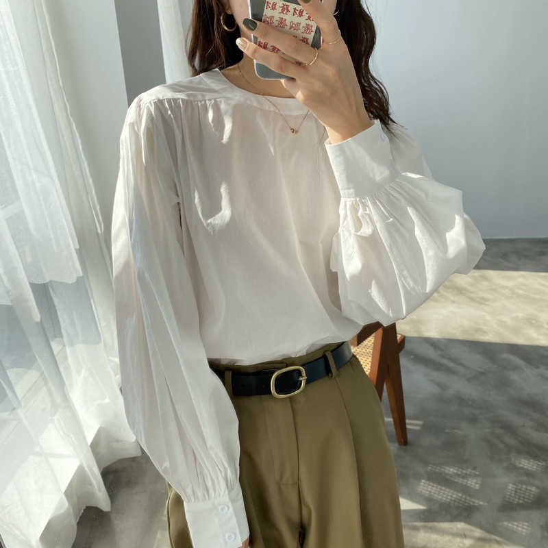 

HXJJP Women Elegant White Blouse Spring Lantern Sleeve Solid Color Korean Shirt Ladies Tops Female In Stock 210607