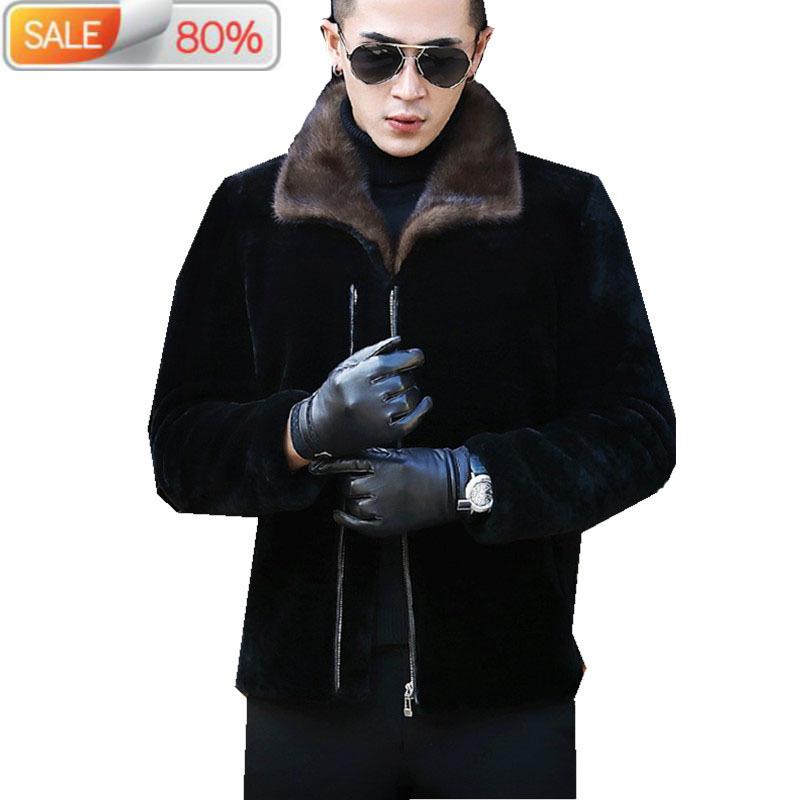 

Men's Leather & Faux Pure Natural Luxury Mink Collar Coat Men Real Sheep Shearling Fur Jackets XJL-7006 ND745, Black