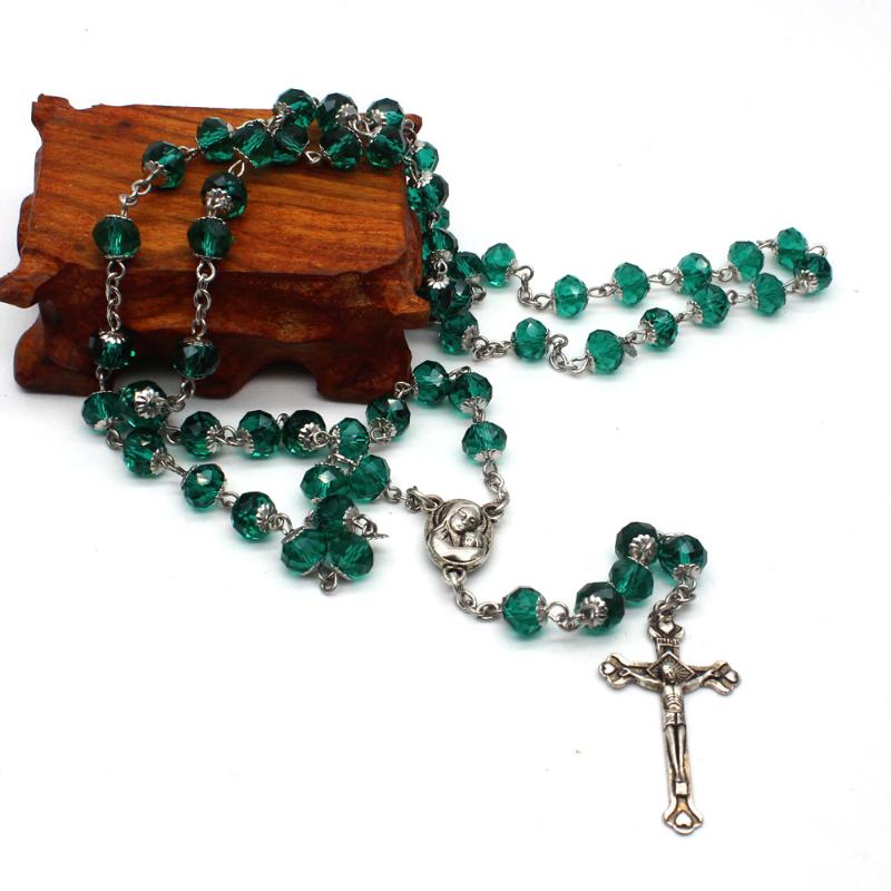 

Pendant Necklaces Catholic Green Crystal Rosary Crucifix Cross Necklace Jesus Christ Virgin Mary Jewelry Church Prayer Supplies