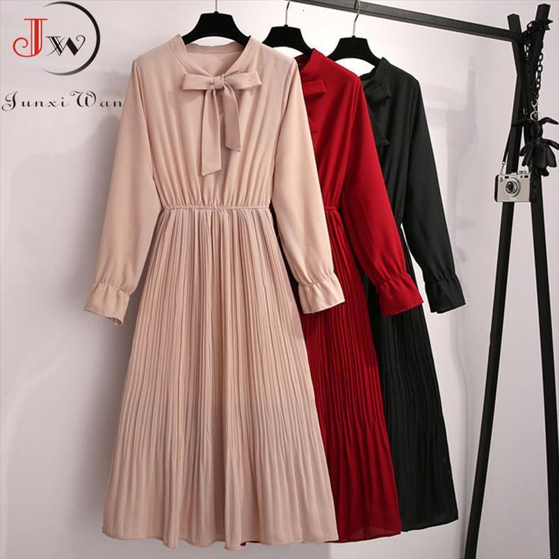 

casual chiffon elegant vintage women dresses bow collar long sleeve autumn winter midi shirt solid slim clothes robe, Black;gray