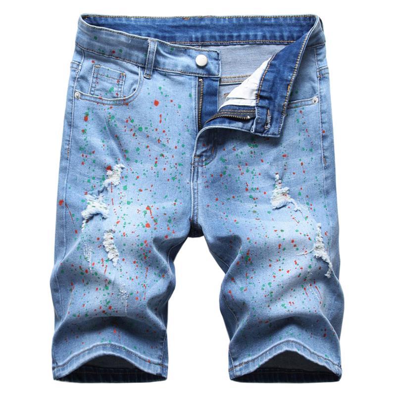 

Men's Jeans Men's Summer Painted Ripped Stretch Denim Shorts Casual Holes Distressed Knee Length Jeans, Blue