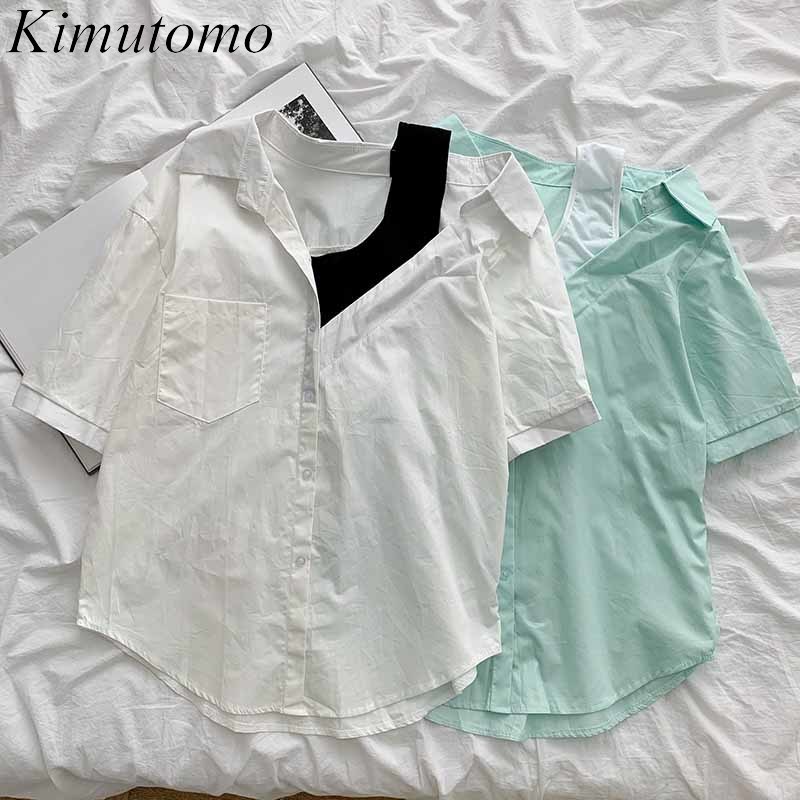 

KIMUTOMO Chic Stitching Irregular Shirt Women Summer Korean Solid Single Breasted Loose Short-sleeved Blouse Casual 210521, Green