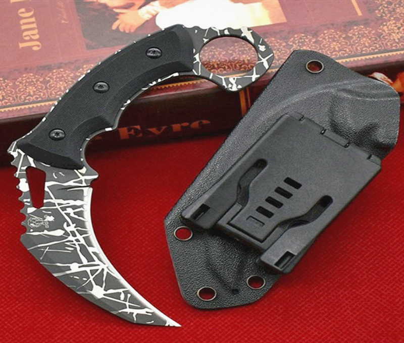 

Top Quality Tactical Karambit Claw Knife 9Cr18Mov Corrosion lines Blade Full Tang G10 Handle Fixed Blade Knives With Kydex