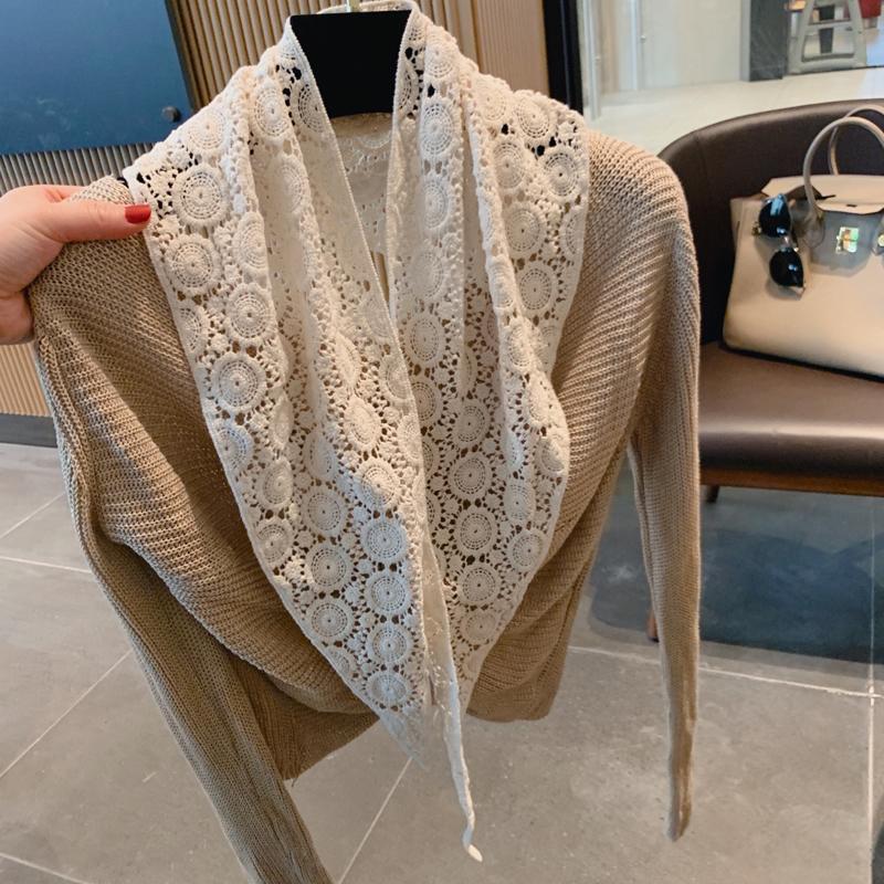 

Scarves 2021 Spring Silk Scarf Women, Fashion Autumn White Lace Hook Flower Triangle Shawl Thin Women Neckerchief