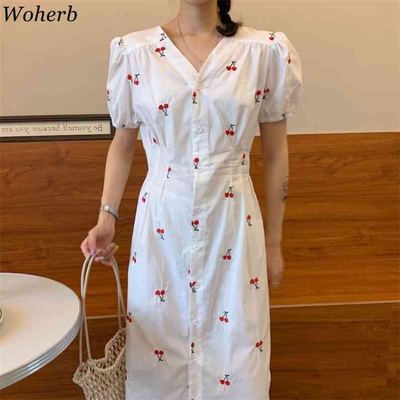 

Vestido De Mujer Sweet Embroidery Cotton Dress Women Summer V Neck Vintage Puff Sleeve Slim Single Breasted Dresses 210519, Pink