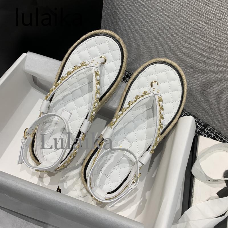 

Sandals Women Chain Decor Straw Braid Platform Flats Casual Comfortable Holiday Beach Flip Flops Ankle Strap Fisherman Shoes, Black
