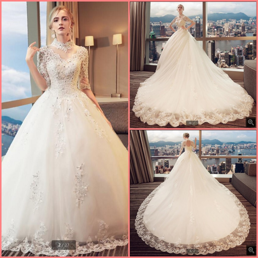 

Robe de soiree 2021 white tulle ball gown wedding dress beaded high neckline lace appliques half sleeve modest bridal gowns saudi arabic Hijab bride dresses, Black