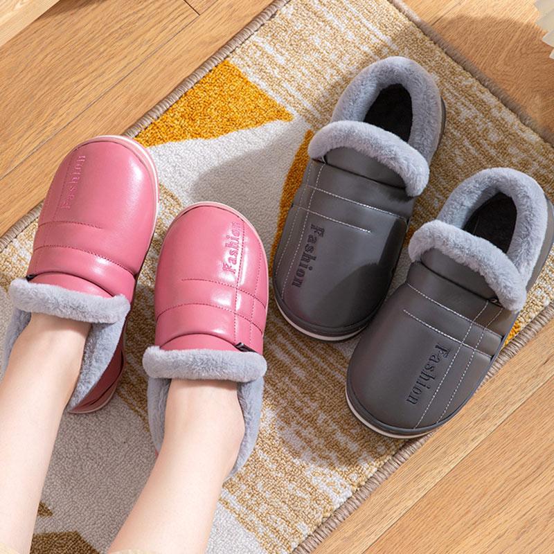 

Slippers Women PU Leather Waterproof Home Slipper Female Warm Plush Concise Couple Winter Indoor Floors Lady, 7460-pe