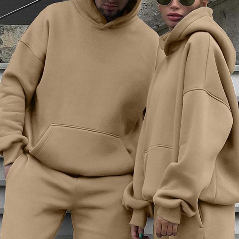 

Casual Men Two Pieces Tracksuits Oversize Hooded Sweatshirts Trouser Autumn Winter Fleece Female Warm Suits Unisex, Man coffee