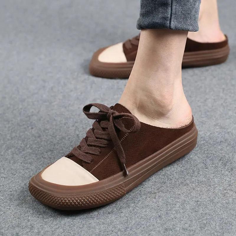 

Slippers 2021 Spring And Summer Leather Casual Women's Shoes With Front Straps Baotou Half-drag Single Flat-bottomed Flat-heele, Black