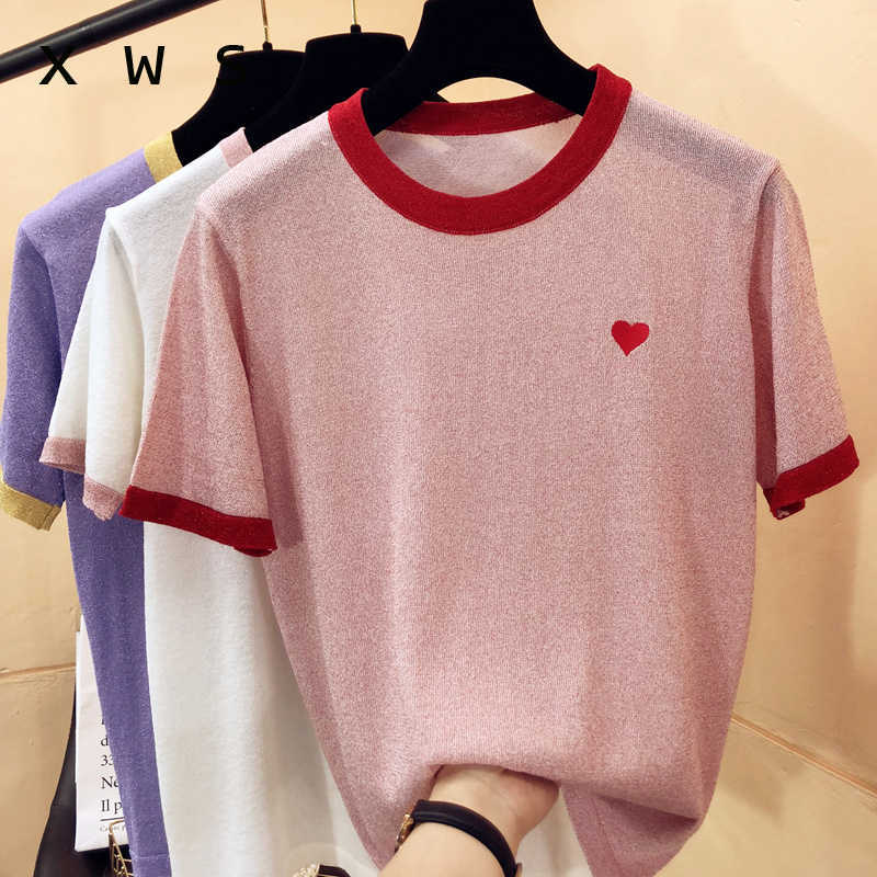 

Thin love embroidery Summer Short Sleeve oversized Sweater Women Colors Tops Knitted Korean Style Pull Femme 210604, White