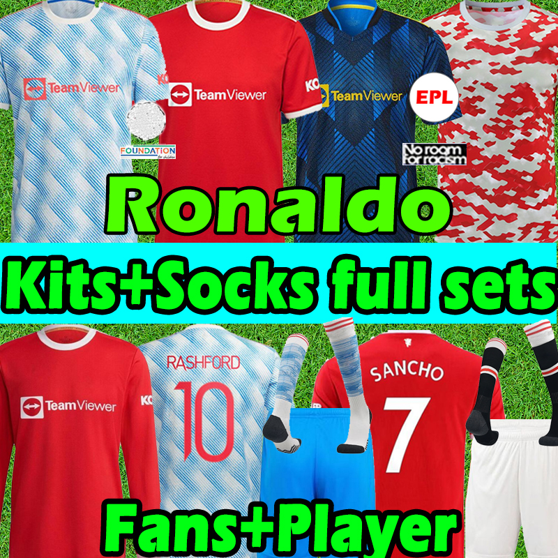 

Ronaldo 2021 2022 SANCHO Manchester soccer jersey Fans Player version MAN BRUNO FERNANDES LINGARD POGBA Long sleeve men kids kits+socks full sets 21/22 football shirt, 21 22 home
