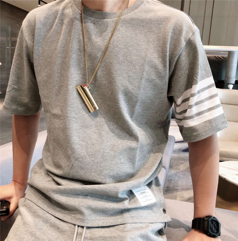 

European and American trendy brand men's loose cotton bead TB models 4 bars printed T-shirt men and women couples students, White;black