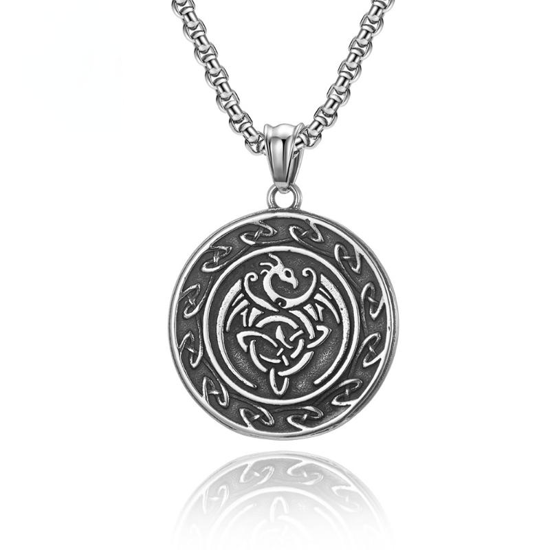 

Pendant Necklaces Vintage Nordic Viking Celtics Dragon Men Necklace Round Stainless Steel Chain For Male Punk Jewelry, Silver